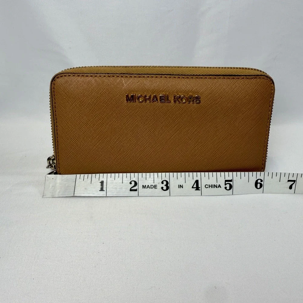 Michael Kors Zip Around Wallet Womens OS Luggage Brown Saffiano Leather Jet Set